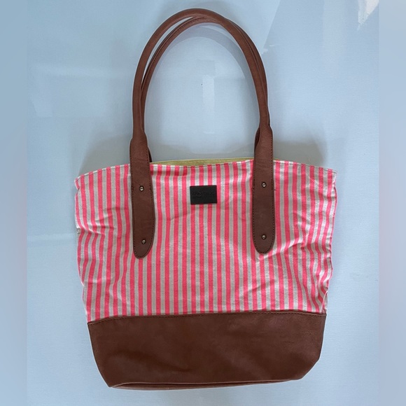 O’Neill 2-Way Canvas & Leather Tote Bag - Pink Stripe or Grey/Blue Stripe - Picture 1 of 11